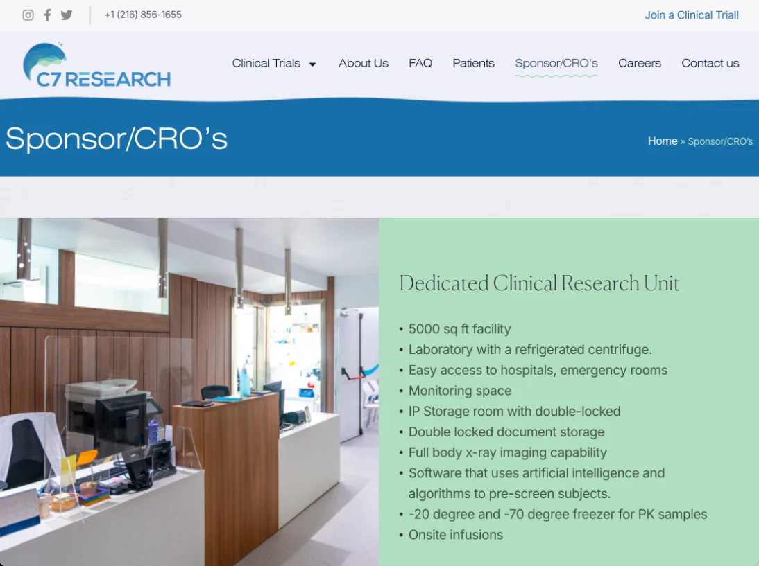 C7 Research sponsor and CRO page, the sponsor view